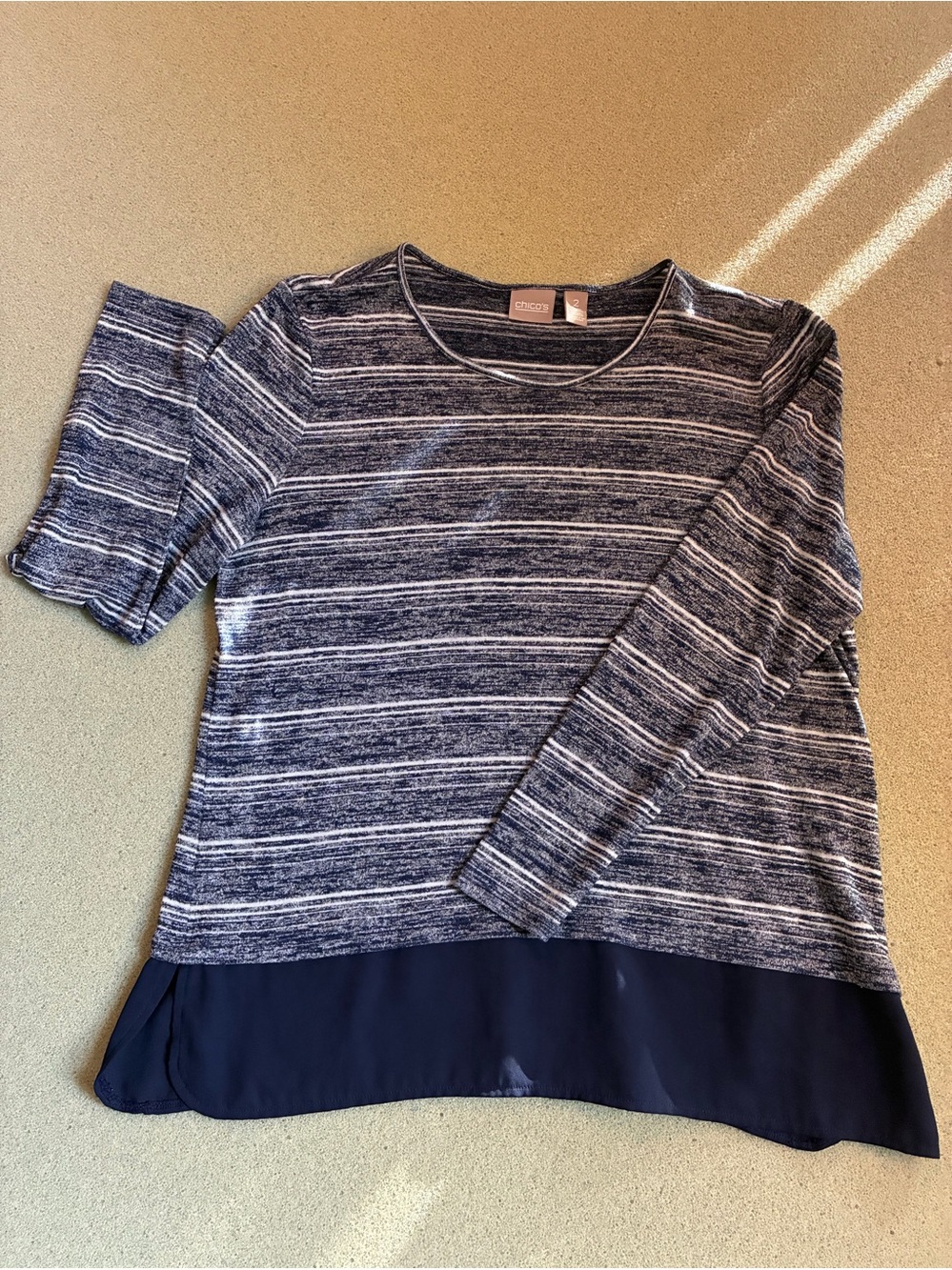 Chicoโs Navy Striped Knit Top with Solid Hem